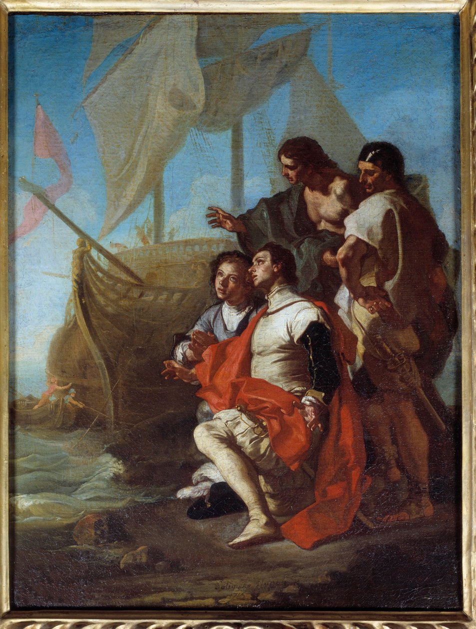 وصول المستكشف كريستوفر كولومبوس (1451-1506) إلى أمريكا لوحة لفرانشيسكو سوليمينا ديت لاببات (آبي) سيسيو (1657-1747) 1715 صن. 0،62x0،49 م رين ، متحف الفنون الجميلة بواسطة فرانشيسكو سوليمينا