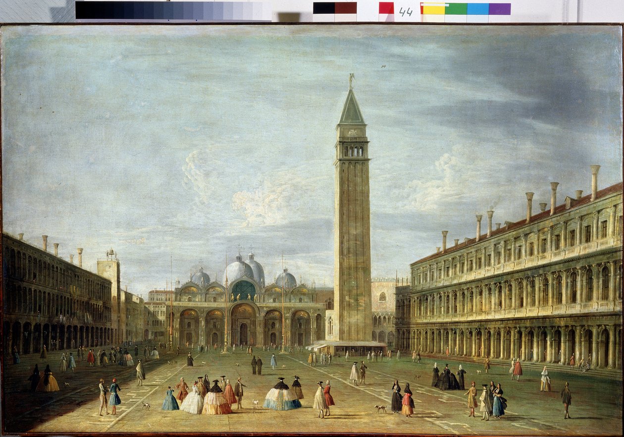 ساحة القديس مرقس (سان ماركو) (أو بيازيتا) في البندقية مع كاتدرائية القديس مرقس و Campanile. (ساحة القديس مرقس في البندقية). لوحة لفرانشيسكو تيروني (1745-1797). زيت على قماش ، 72 × 109 سم. فن البندقية من القرن الثامن عشر. ارك متحف الدولة بواسطة فرانشيسكو تيروني