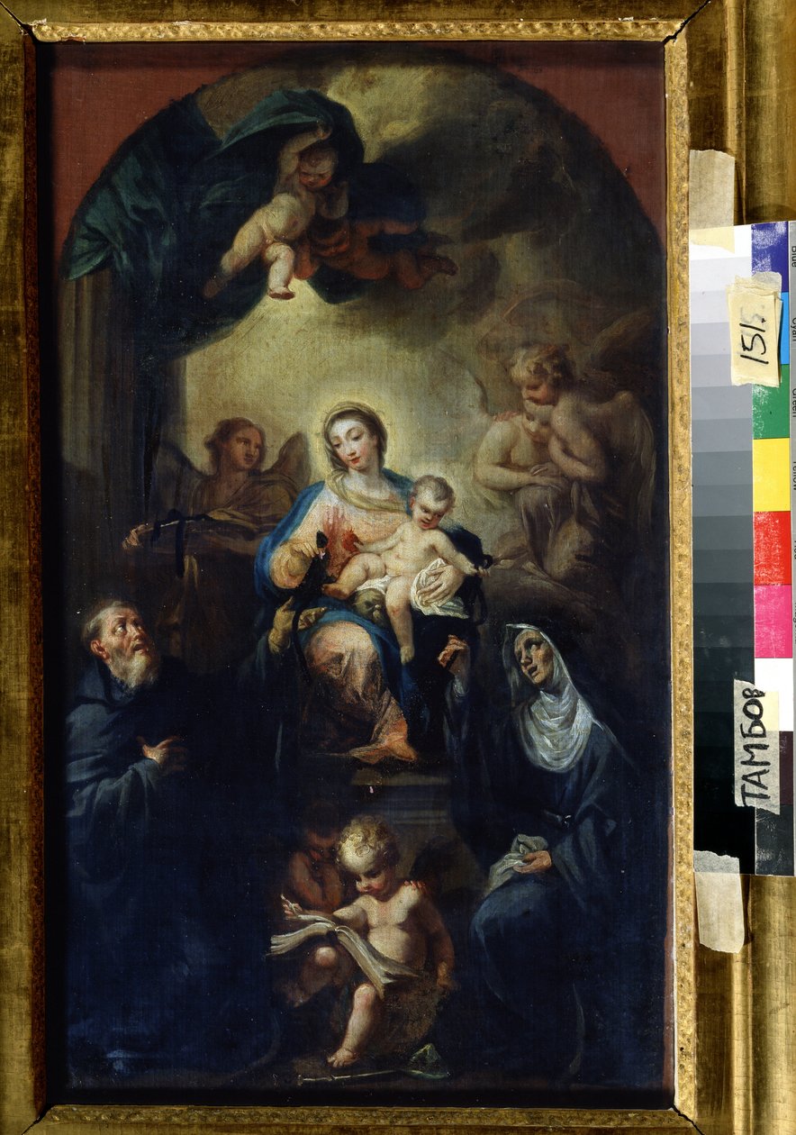 العذراء والطفل مع القديسين (مادونا والطفل مع القديسين). لوحة لفرانشيسكو تريفيساني (1656-1746). زيت على قماش ، 61.5 × 35.5 سم. مدرسة البندقية ، فن الباروك الإيطالي. المعرض الإقليمي للفنون ، تامبوف (روسيا). بواسطة فرانشيسكو تريفيساني