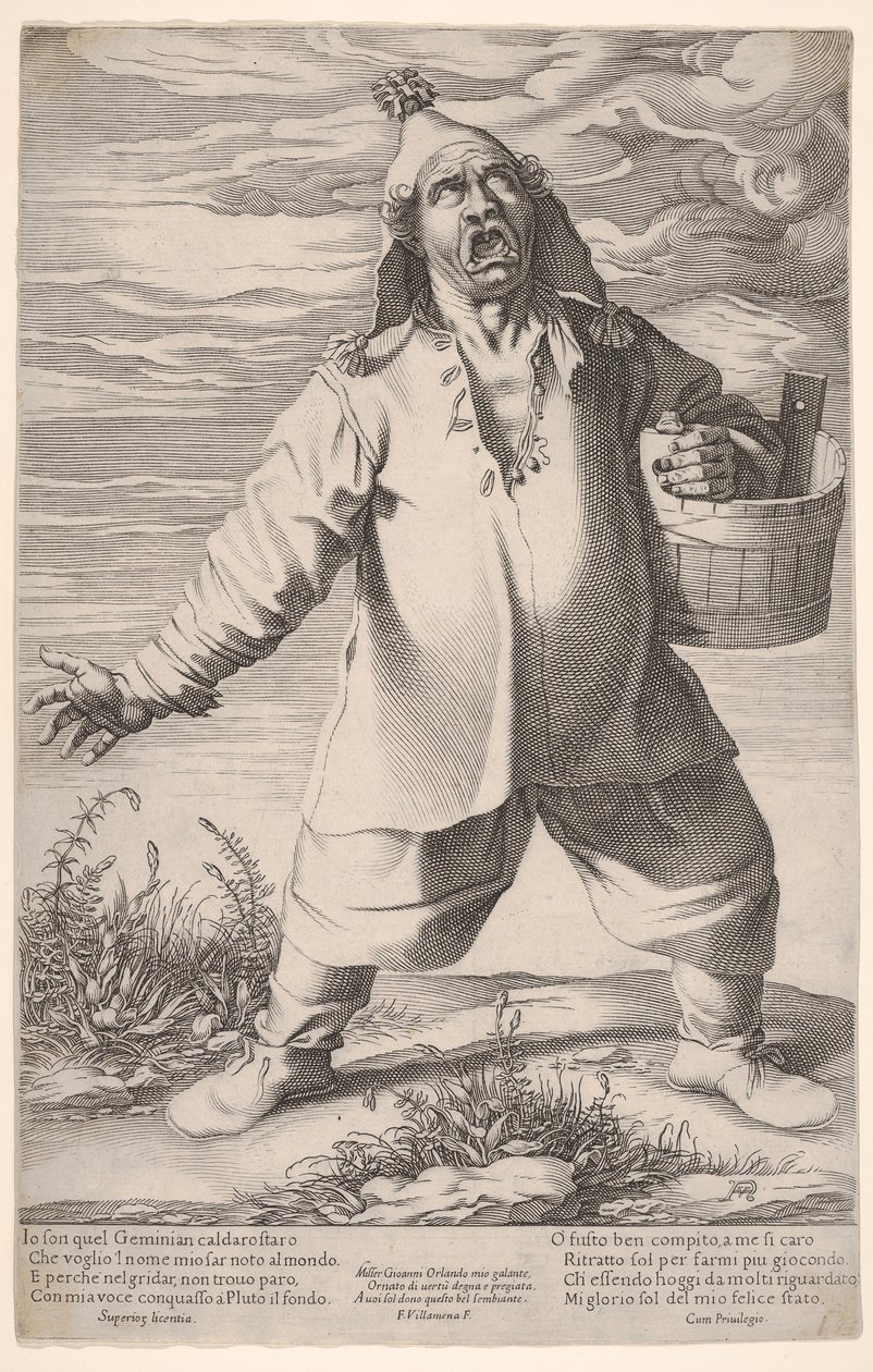 Geminiano Caldarostaro يصرخ ويمسك بحوض ، مع قبعة بشراشيب ، كاليفورنيا. 1597-1601. بواسطة فرانشيسكو فيلامينا