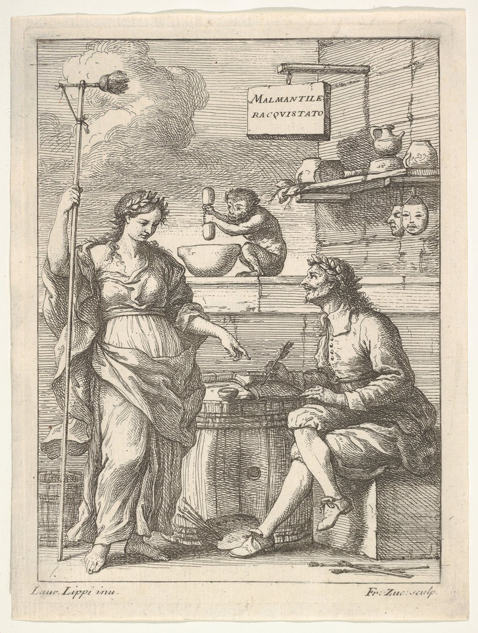 قرد يعمل هاون ومدقة ، أسفل لورينزو ليبي يكتب له روح الدعابة ... ، كاليفورنيا. 1710-64. بواسطة فرانشيسكو زوكاريلي