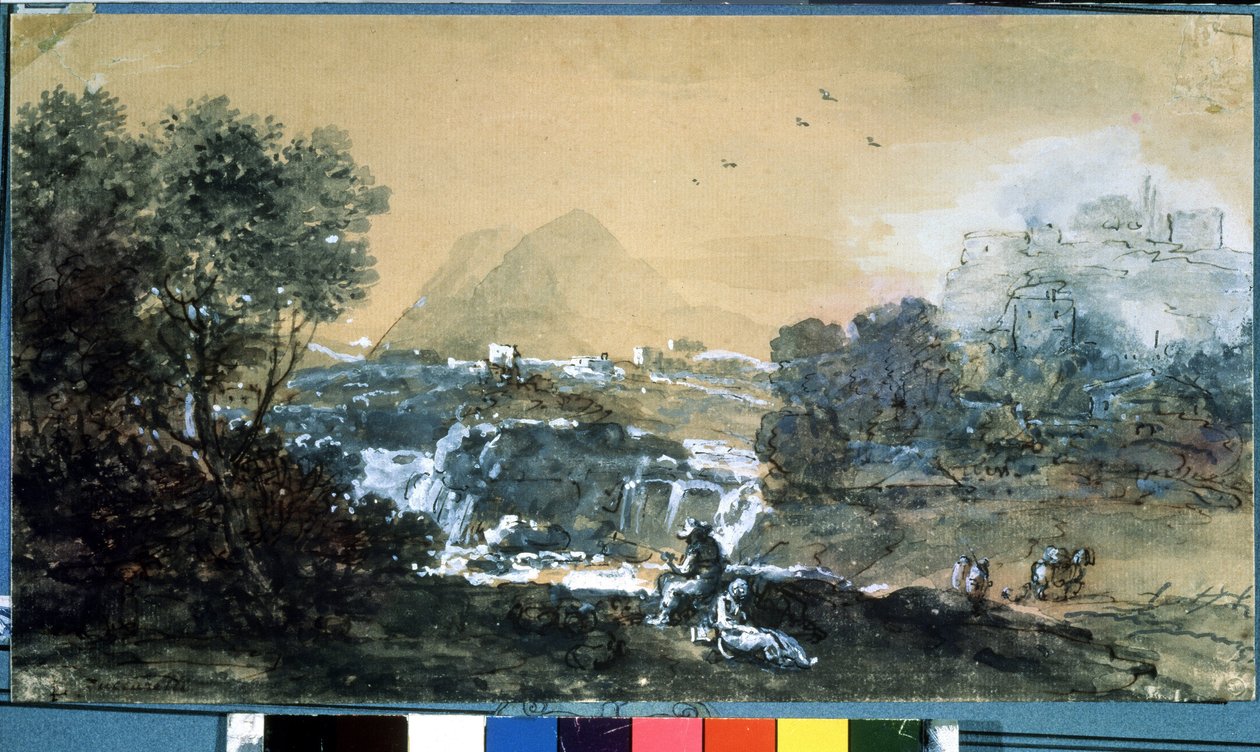 منظر طبيعي مع شلال. رسم فرانشيسكو زوكاريلي (1702-1788). لوحة مائية وحبر على ورق بواسطة فرانشيسكو زوكاريلي