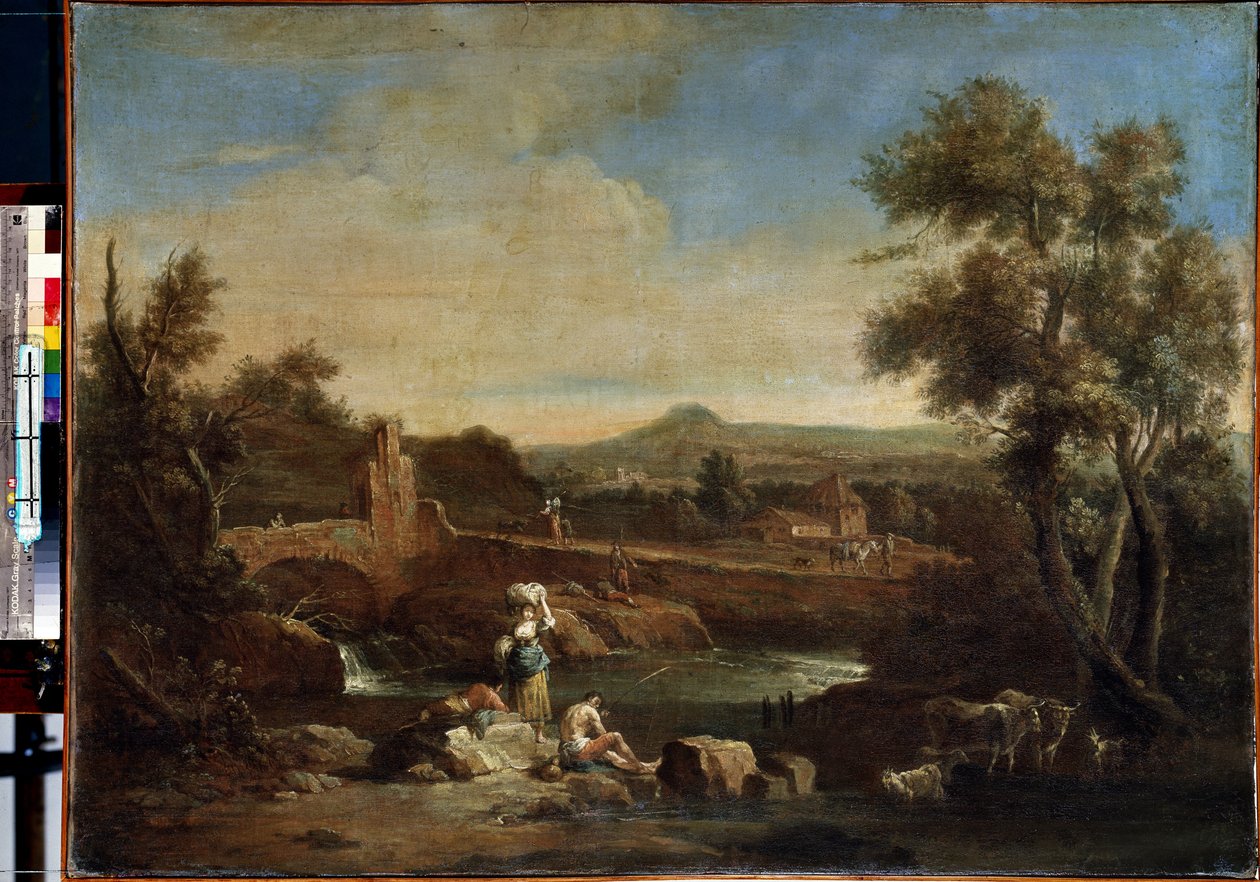 منظر طبيعي مع نهر. لوحة لفرانشيسكو زوكاريلي (1702-1788). زيت على قماش ، 81.5 × 119 سم. فن البندقية من القرن الثامن عشر. متحف هيرميتاج ، سانت بطرسبرغ. بواسطة فرانشيسكو زوكاريلي