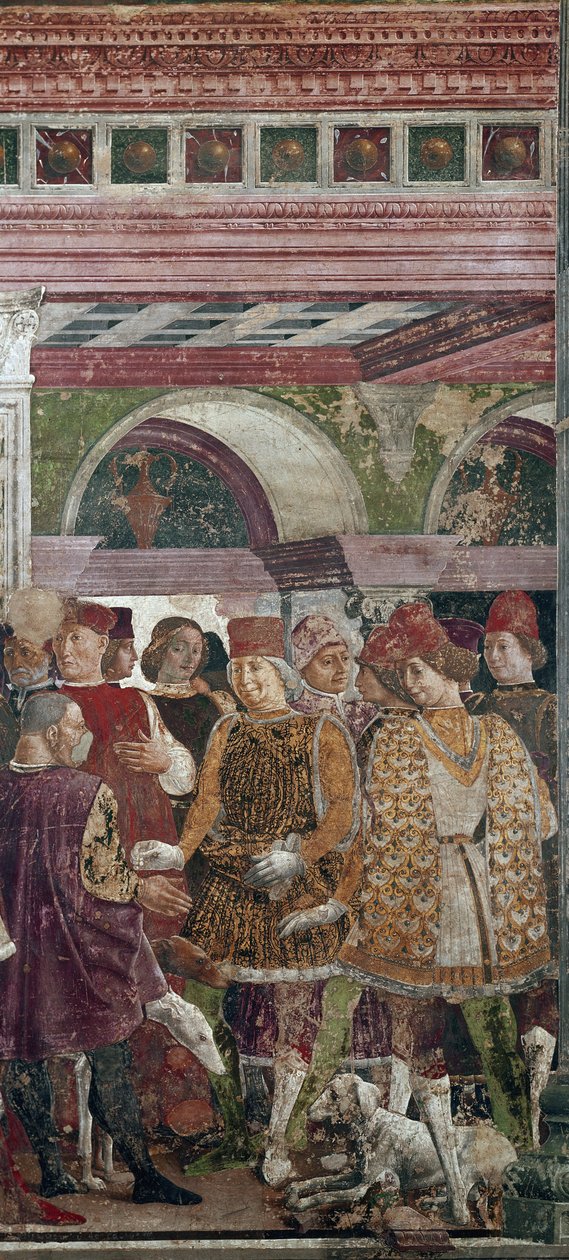رمزية أبريل ، التفاصيل مع Borso d'Este مكافأة Scocola (1413-1471) تفاصيل - لوحة جدارية بقلم Francesco del Cossa (حوالي 1436 - حوالي 1478) Ferrara (Ferrara) Palazzo Schifanoia ، Hall of the Months بواسطة فرانشيسكو ديل كوسا