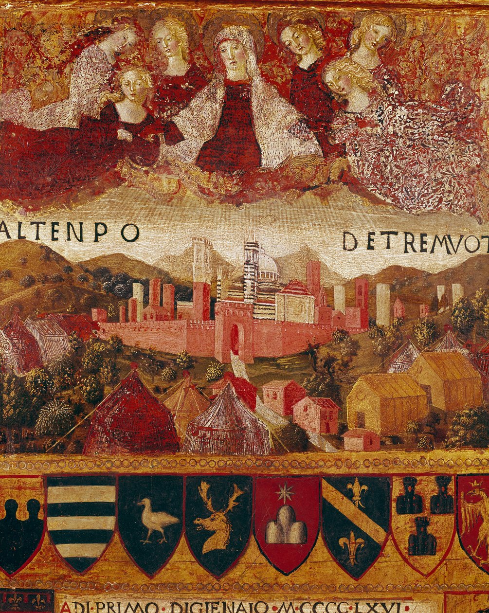 Ex voto (أو ex voto): "" مريم العذراء تحمي مدينة سيينا في وقت الزلازل التي وقعت في 1466-1467 "" التفاصيل. لوحة خشبية لفرانشيسكو دي جورجيو مارتيني (1439-1502) تزين Biccherna (غلاف السجل المحاسبي لمدينة Si بواسطة فرانشيسكو دي جورجيو مارتيني