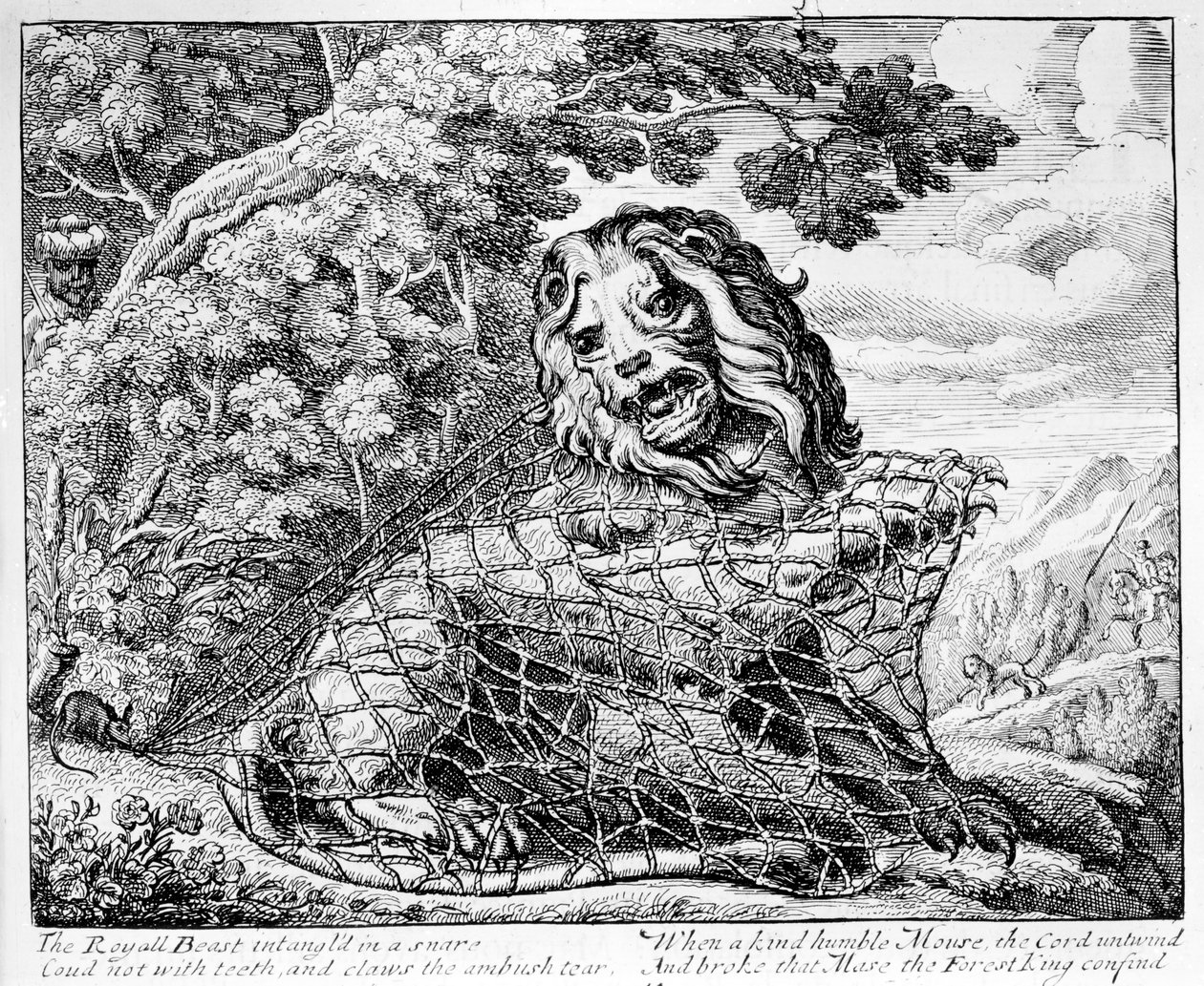 الأسد والفأر ، رسم توضيحي لـ "أساطير إيسوب" ، 1687 بواسطة فرانسيس بارلو