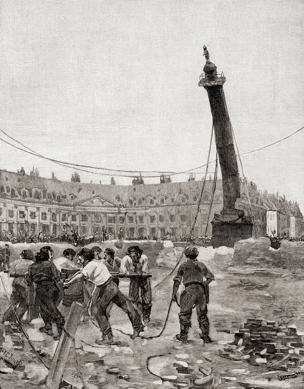 هبوط عمود Vendôme أثناء كومونة باريس ، باريس ، فرنسا عام 1871 ، من مجلة The Century Illustrated الشهرية ، المنشورة عام 1884 (نقش الخشب) بواسطة فرانسيس كوتس جونز