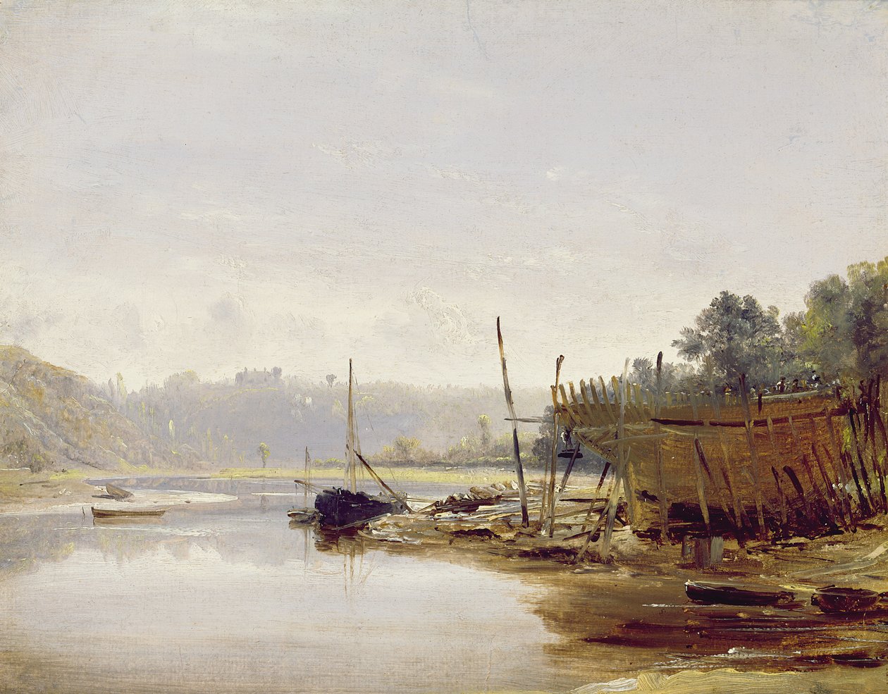بناء قارب بالقرب من دينان ، بريتاني ، c.1838 (زيت على ورق على لوحة) بواسطة فرانسيس دانبي