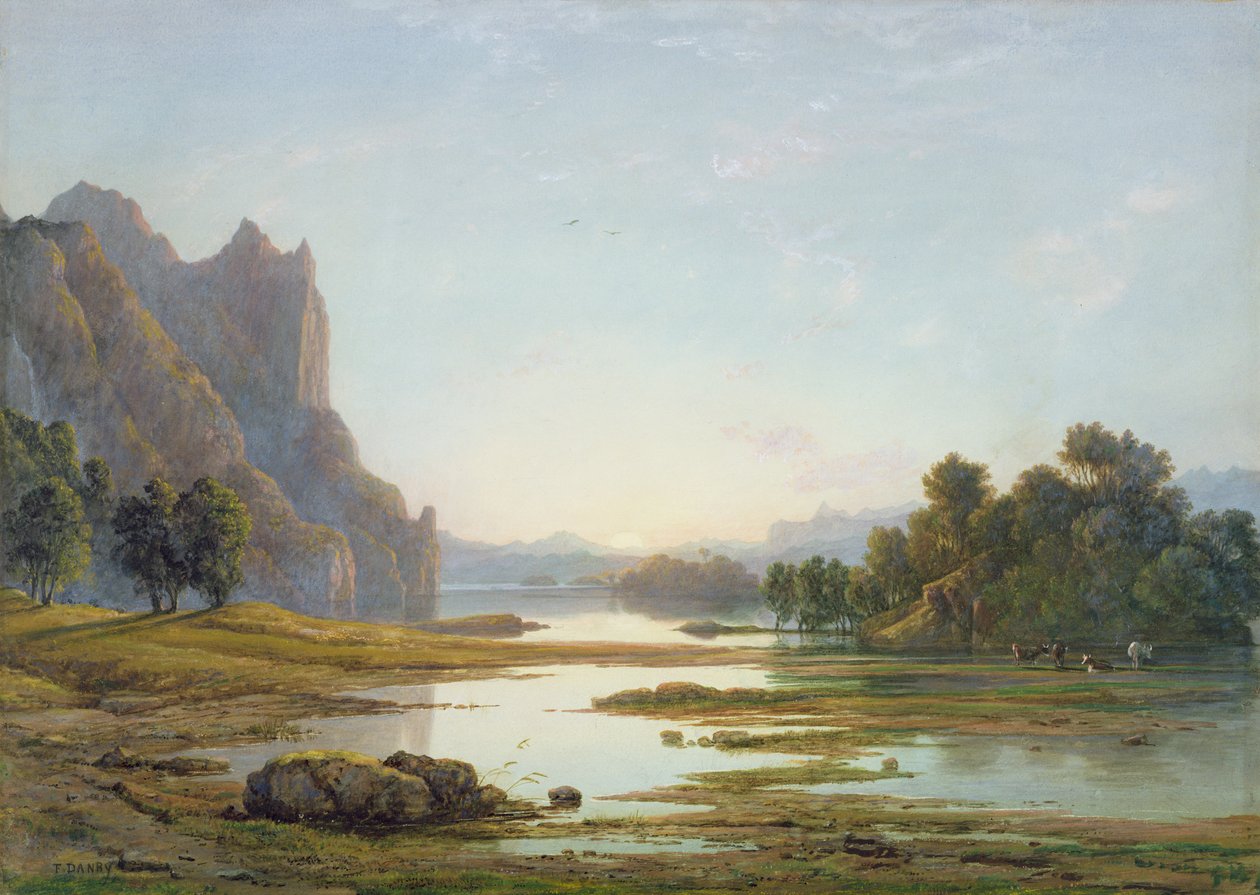 غروب الشمس فوق منظر نهر ، c.1840 (مرحاض مع لون جسم فوق الجرافيت على ورق) بواسطة فرانسيس دانبي