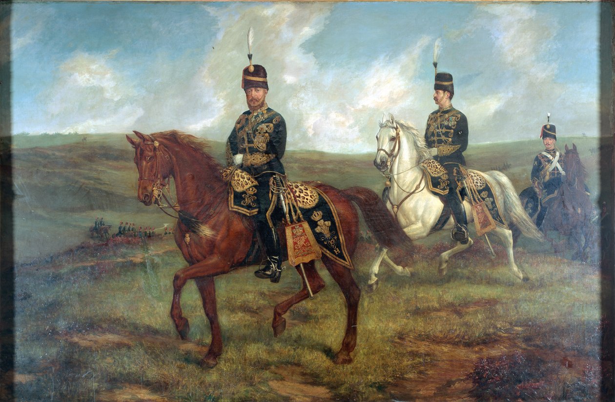 أمير ويلز (1841-1910) مع المقدم فالنتين بيكر (1827-1887) يراجع الفرسان العاشر ، ألدرشوت ، 8 سبتمبر 1871 ، ج .1871 (زيت على قماش موضوعة على متن) بواسطة فرانسيس جرانت