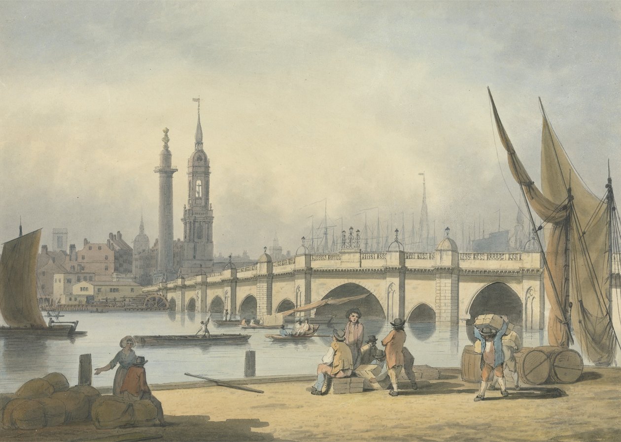جسر لندن والنصب التذكاري ، ج 1795 (جرافيت ، مرحاض وحبر على ورق) بواسطة فرانسيس نيكلسون