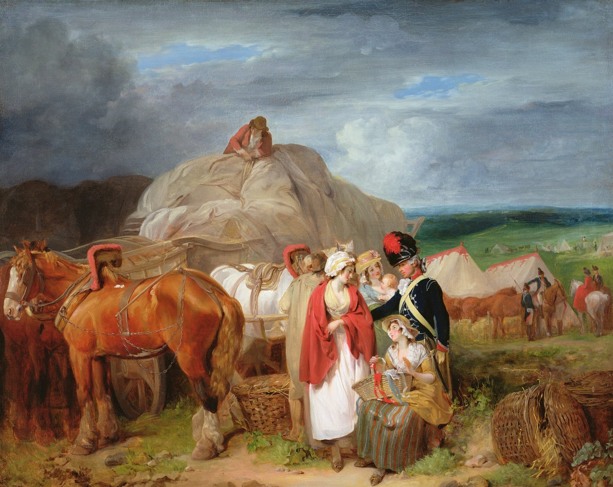 جندي مع نساء ريفيات يبيعن شرائط بالقرب من معسكر عسكري ، 1788 بواسطة فرانسيس ويتلي
