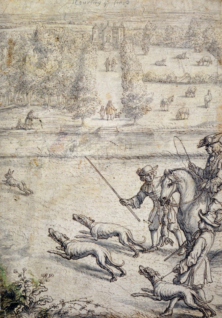 Coursing the Hare ، رسم توضيحي لحانة The Gentleman&39;s Recreation الخاصة بريتشارد بلوم. 1686 (قلم وحبر مع غسل على الورق) بواسطة فرانسيس بارلو