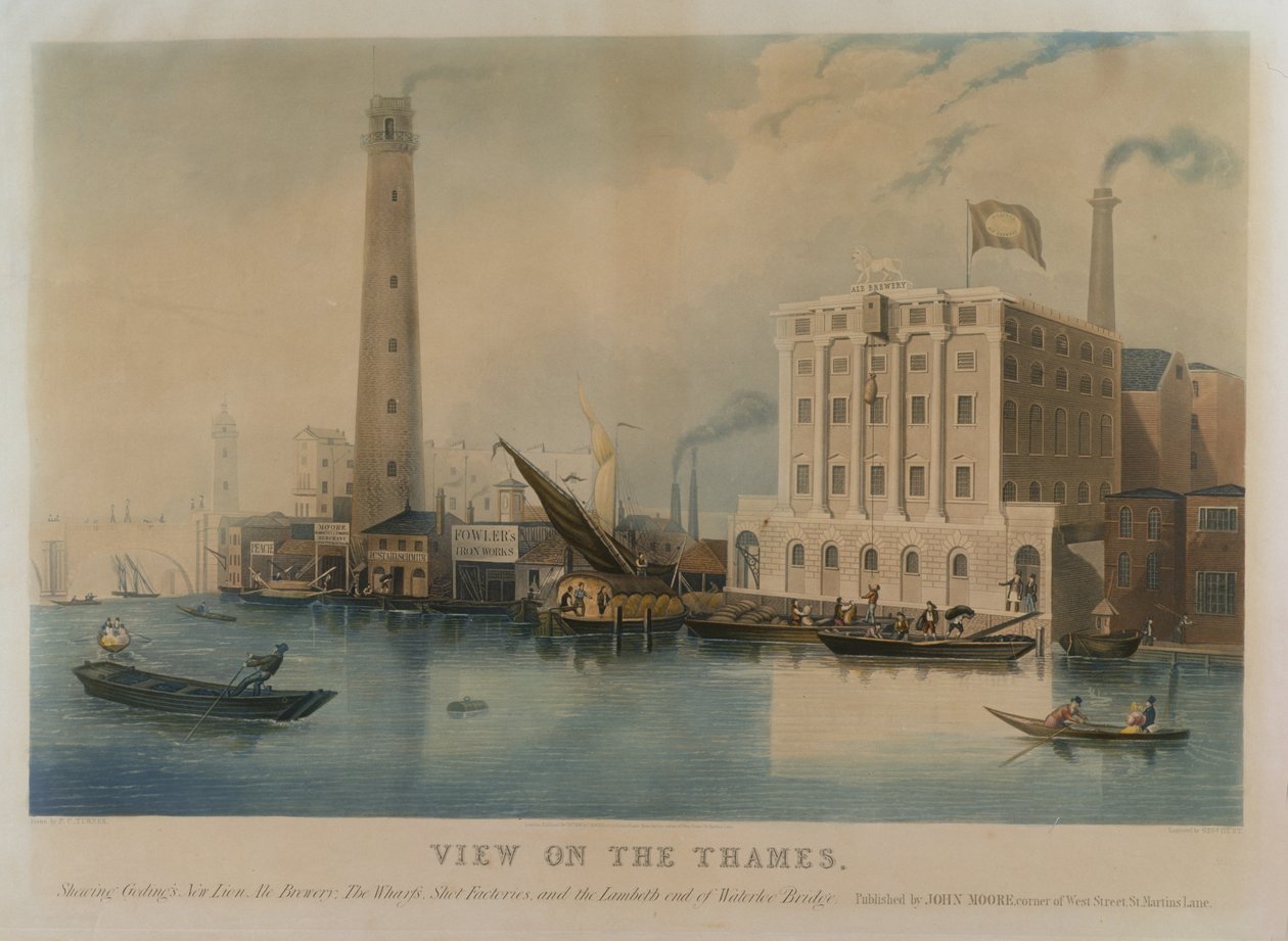 منظر لـ Goding&39;s Lion Lion Beer Brewery ، Fowler&39;s Iron Works and Walker Shot Factory، Lambeth، 1836 (aquatint) بواسطة فرانسيس كالكرافت تيرنر