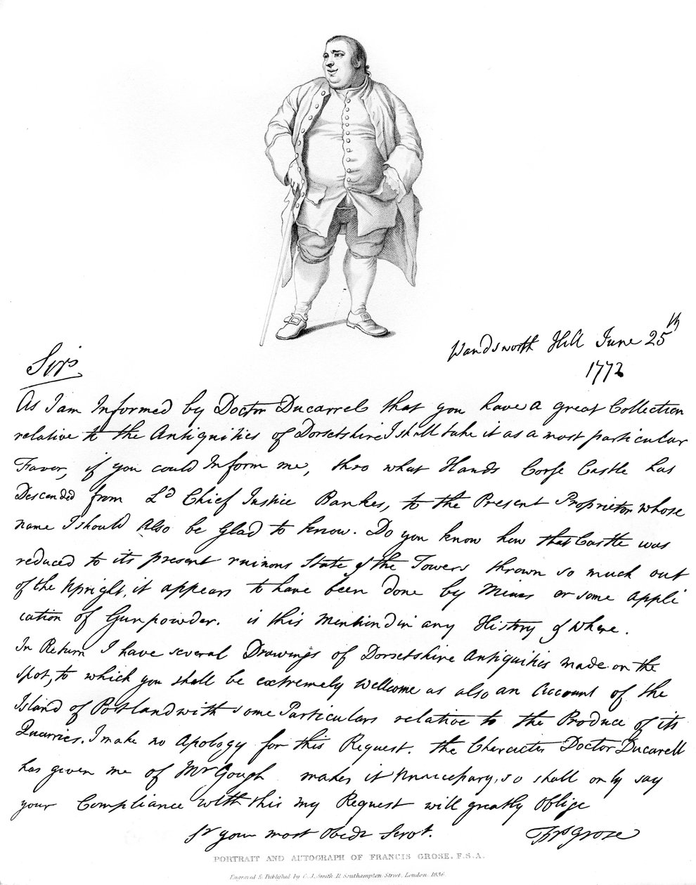 رسالة وصورة لفرانسيس غروس ، 1772 ، 1840. بواسطة فرانسيس جروس