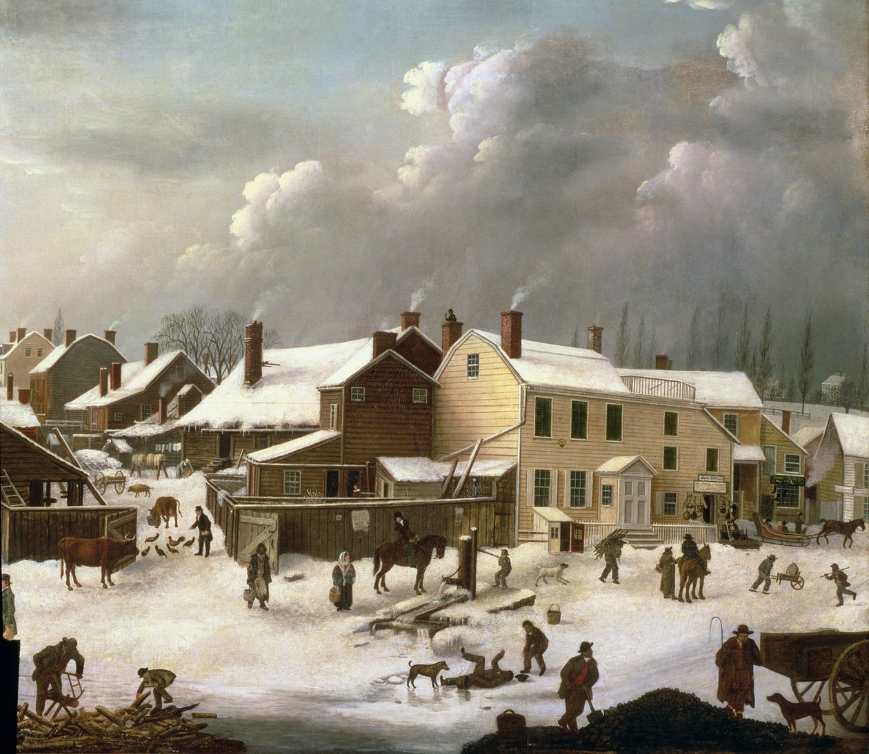 المشهد الشتوي في بروكلين ، تفاصيل شارع ومكتب البريد ، 1817-20 (تفاصيل 84498) بواسطة فرانسيس جاي