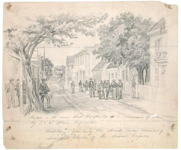 "الشارع الرئيسي ، هامبتون ، فيرجينيا ... مدفعية تحرس الشارع" حوالي عام 1860 (قلم رصاص على ورق) بواسطة فرانسيس شيل