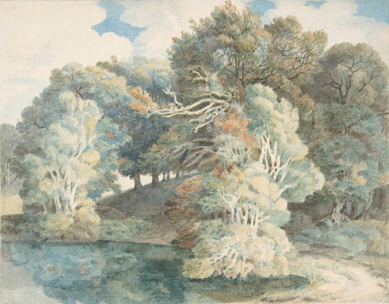 أشجار بجانب البحيرة ، متنزه بيمور ، بالقرب من إكستر ، ديفون ، 1790-1810. بواسطة فرانسيس تاون