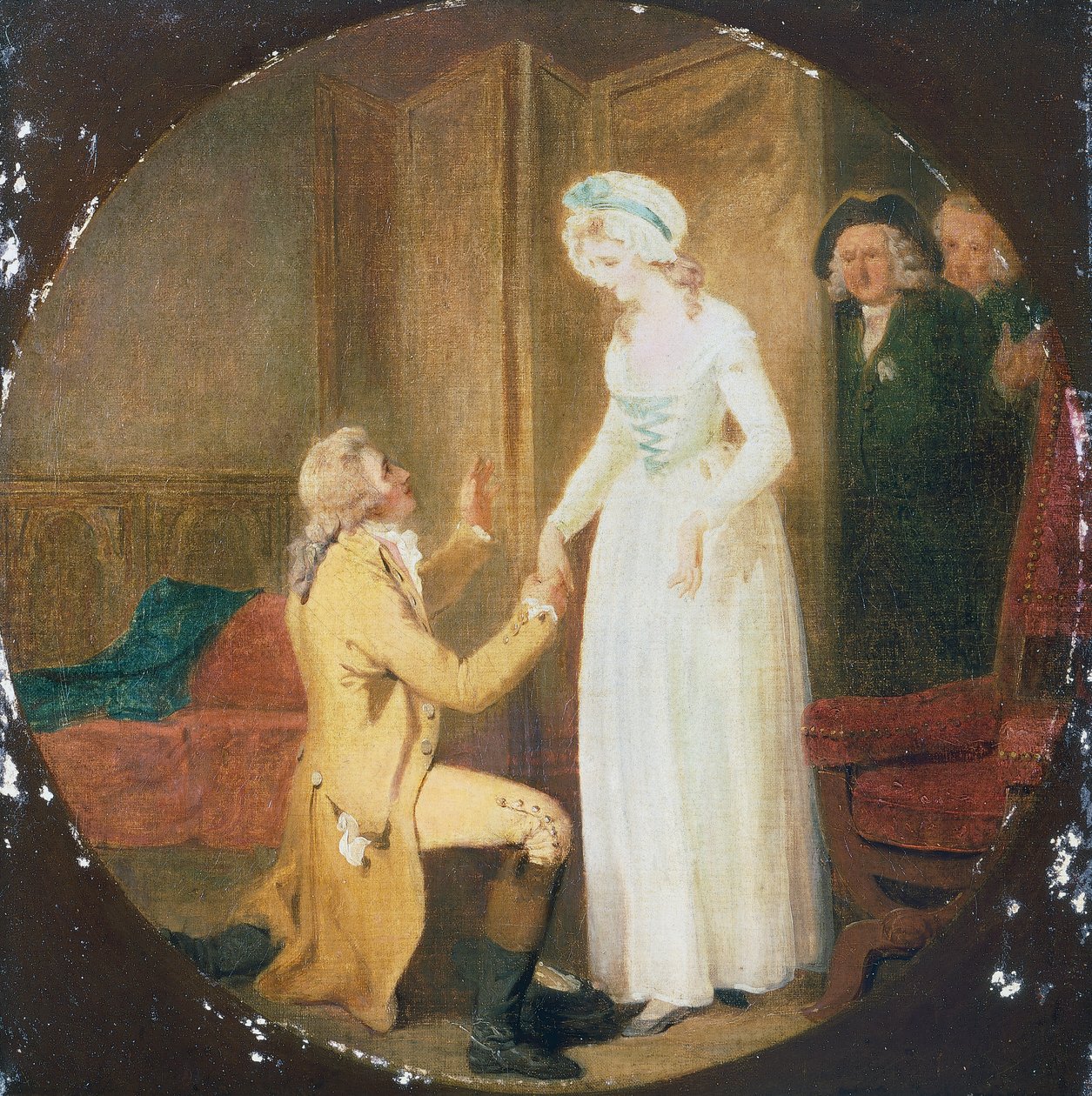 الفصل الخامس ، المشهد الثالث من المسرحية هي تنحني لتتغلب على أوليفر جولدسميث (1730-1774) بواسطة فرانسيس ويتلي