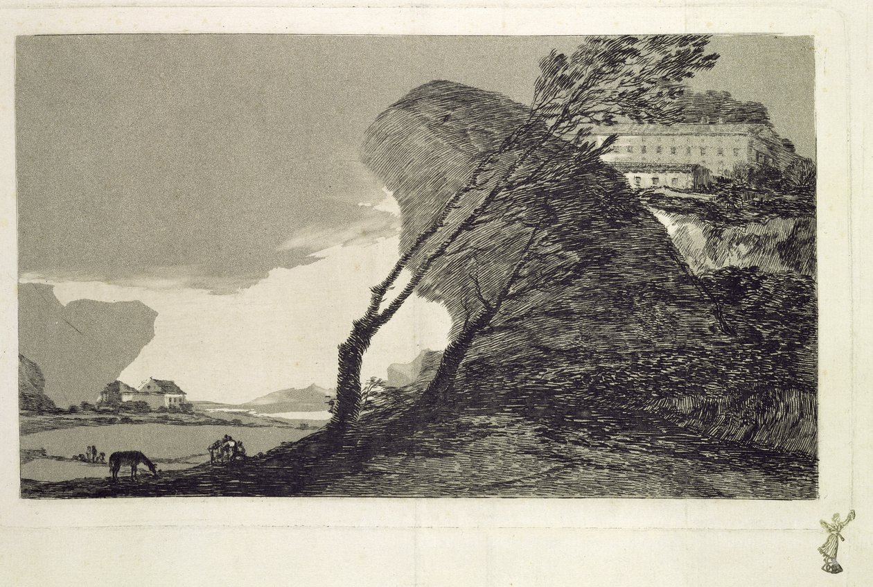 مناظر طبيعية مع صخور ومباني وأشجار كبيرة ، قبل عام 1810 (الحفر والنقش المائي) بواسطة فرانسيسكو دي جويا