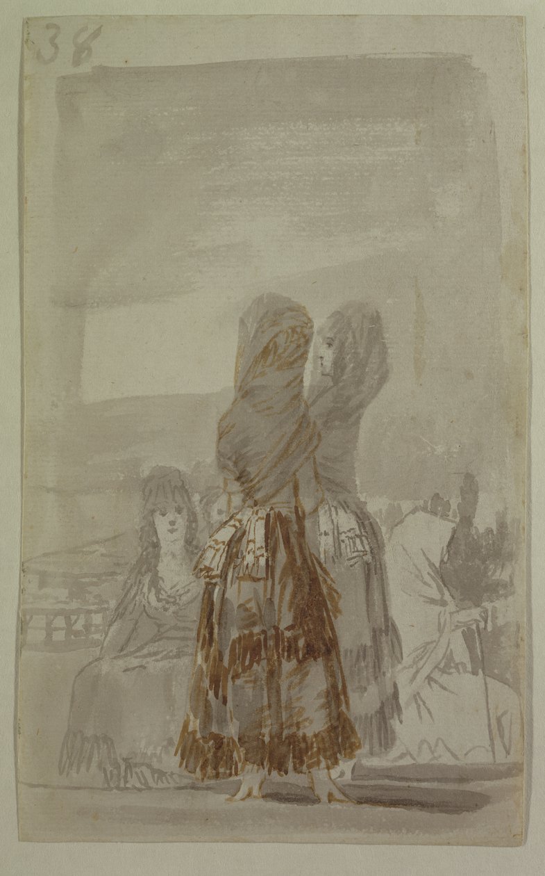 Majas parading on the paseo (قلم رصاص رمادي وأسود على ورق) بواسطة فرانسيسكو دي جويا