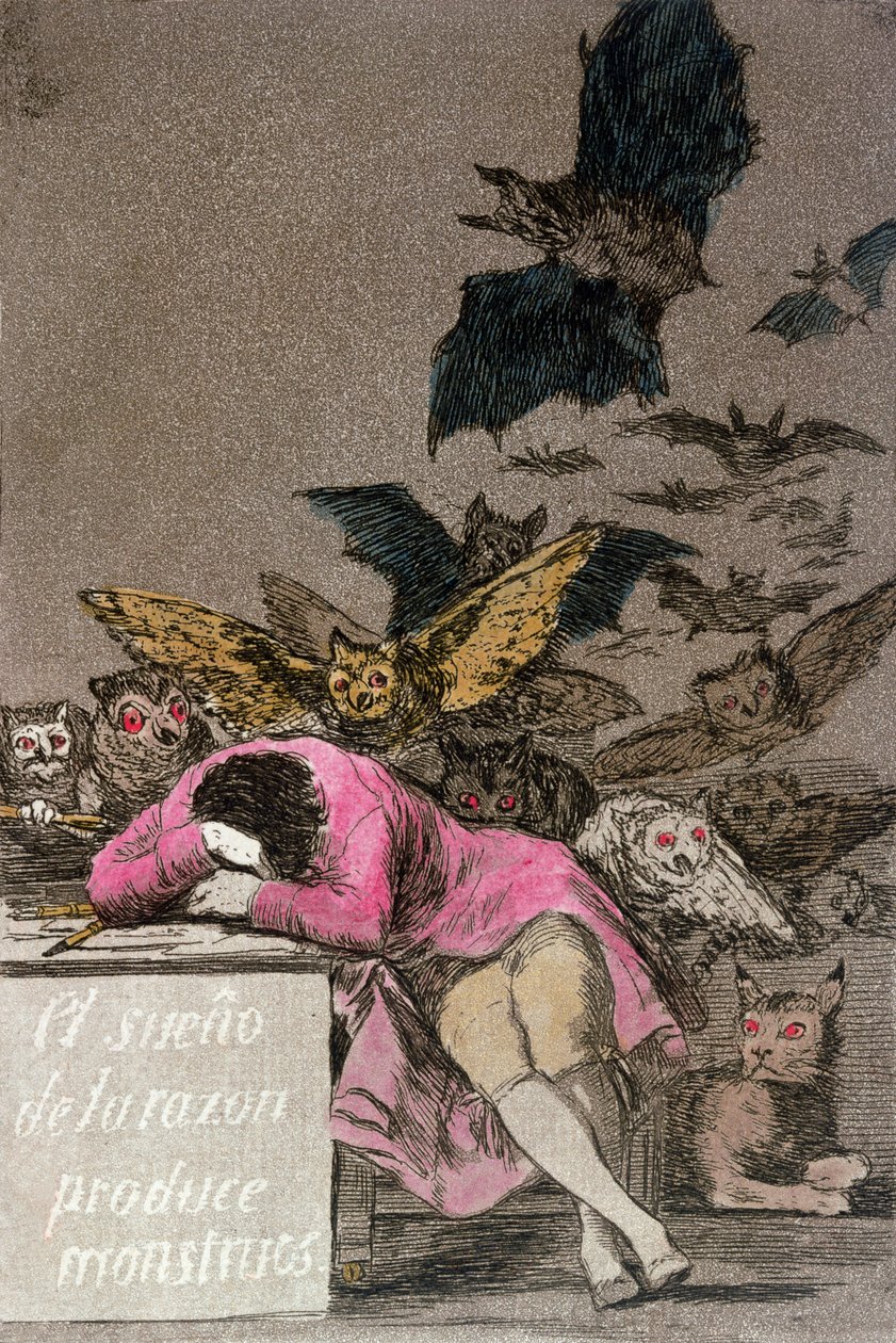 The Sleep of Reason ينتج الوحوش ، اللوحة 43 من "Los Caprichos" ، تم نشرها عام 1810 (نقش الألوان) بواسطة فرانسيسكو دي جويا