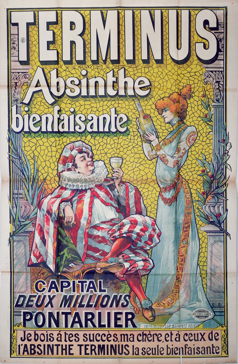 الإعلان عن ملصق ملصق "Terminus" ، بطولة سارة برنهاردت باسم "Absinthe" و Constant Coquelin مثل "Sgnanarelle" لموليير ، أواخر القرن التاسع عشر بواسطة فرانسيسكو تامانيو