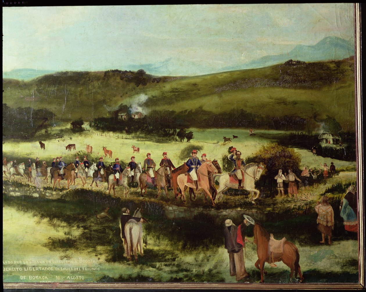 سيمون بوليفار (1783-1830) وفرانسيسكو دي باولا سانتاندر (1792-1840) يسافران إلى بوغوتا مع جيش ليبرتادور بعد انتصار بوياكا ، 10 أغسطس 1829 بواسطة فرانسيسكو دي بولا ألفاريز