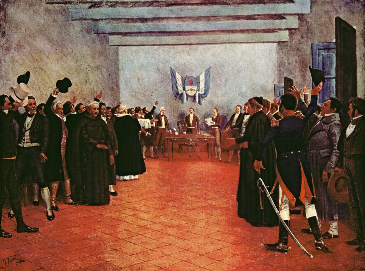 مؤتمر توكومان - إعلان استقلال المقاطعات المتحدة في ريو وبلاتا في 9 يوليو 1816 (لون ليثو) بواسطة فرانسيسكو (بعد) فورتوني