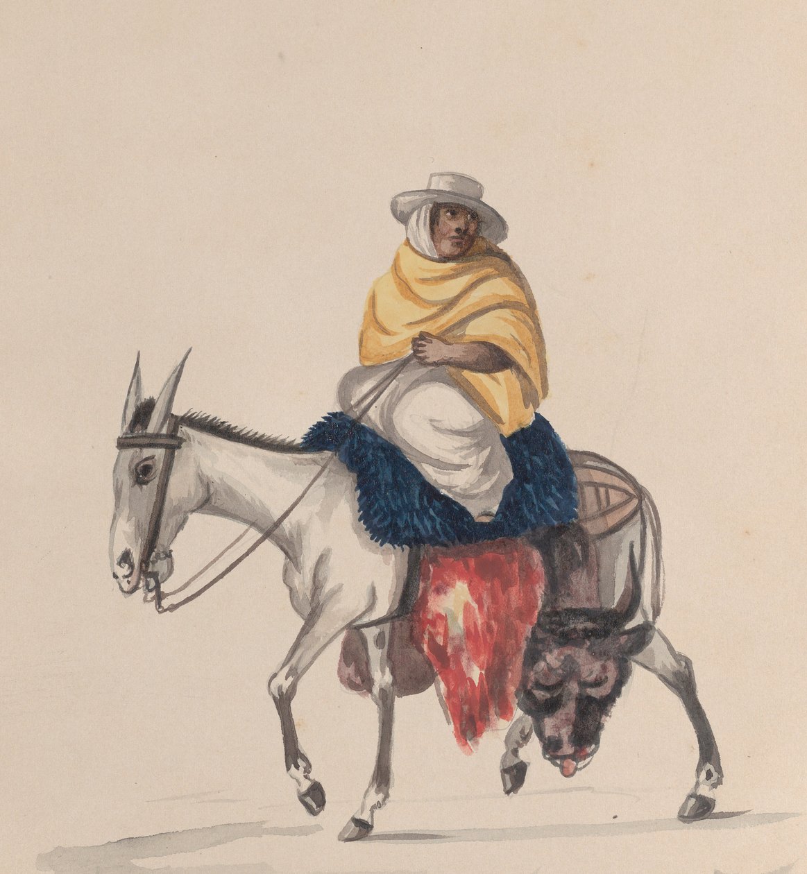 جزار يركب حمارًا ، من مجموعة رسومات تصور زيًا بيروفيًا ، كاليفورنيا. 1848. بواسطة فرانسيسكو