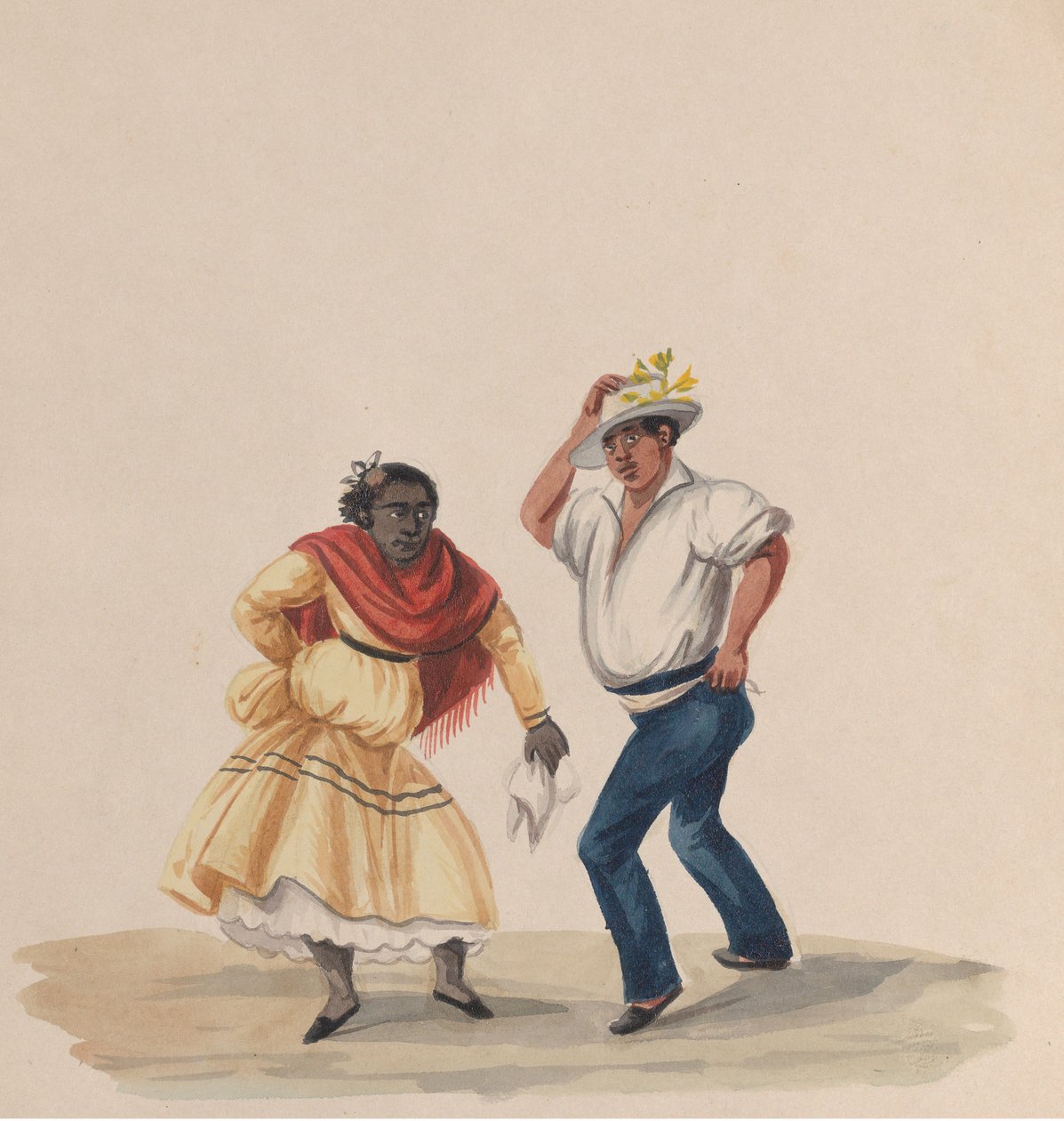 رجل وامرأة يرقصان من مجموعة رسومات تصور زي بيروفي ، 1848. بواسطة فرانسيسكو