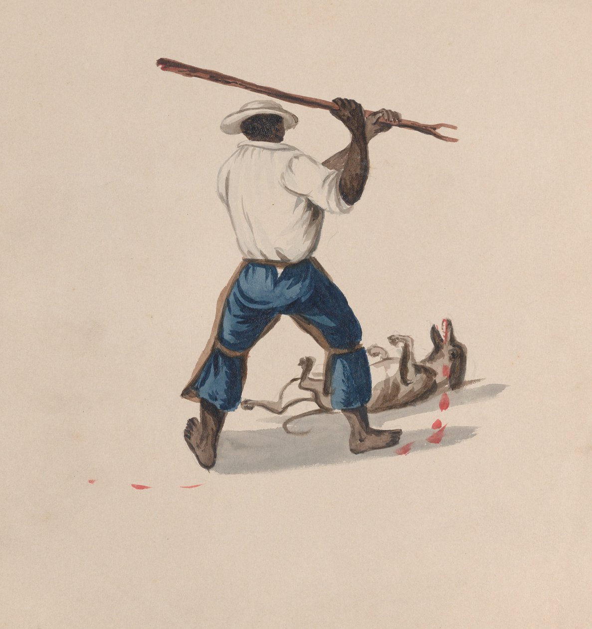 رجل ينظر من الخلف وهو يضرب كلبًا بعصا ، من مجموعة رسومات تصور ... ، حوالي عام. 1848 بواسطة فرانسيسكو
