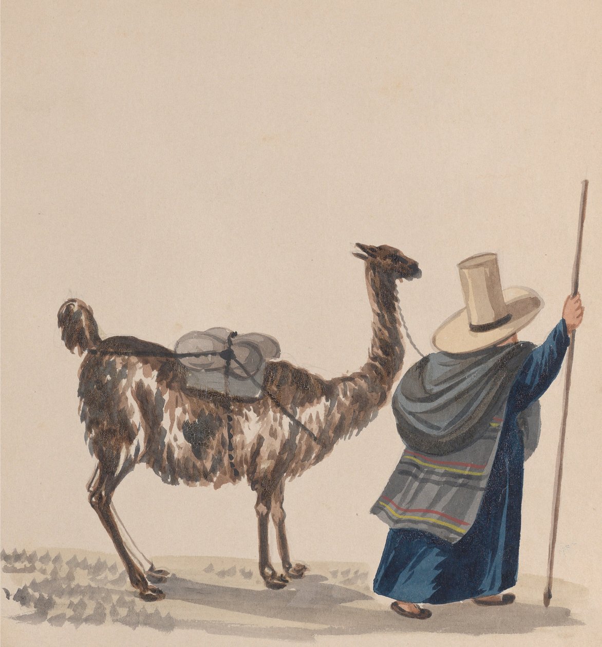امرأة تمشي مع لاما ، من مجموعة رسومات تصور زيًا بيروفيًا ، كاليفورنيا. 1848. بواسطة فرانسيسكو