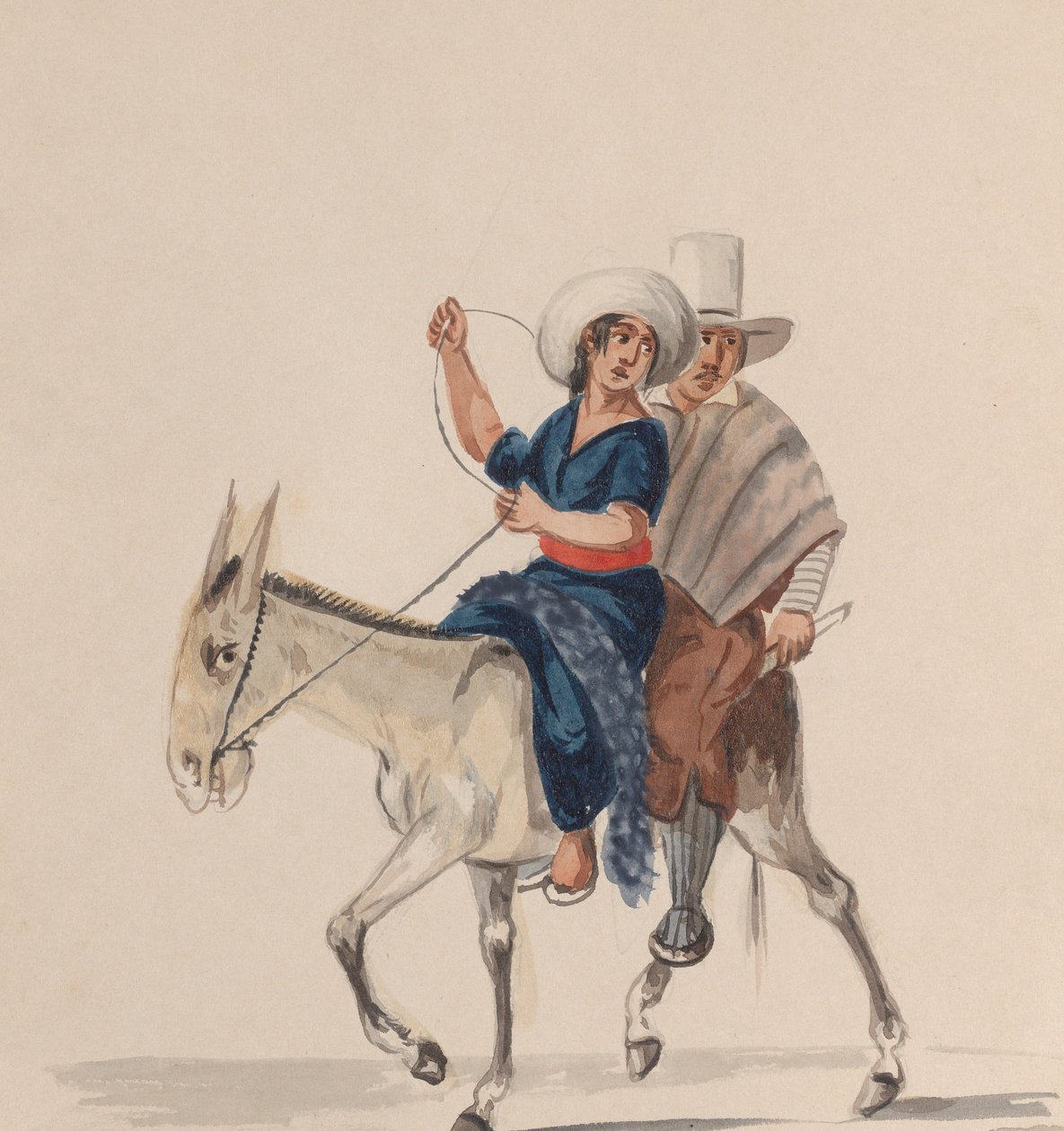 رجل وامرأة هنديان يركبان حمارًا ، من مجموعة رسومات تصور بيرو ... ، كاليفورنيا. 1848. بواسطة فرانسيسكو