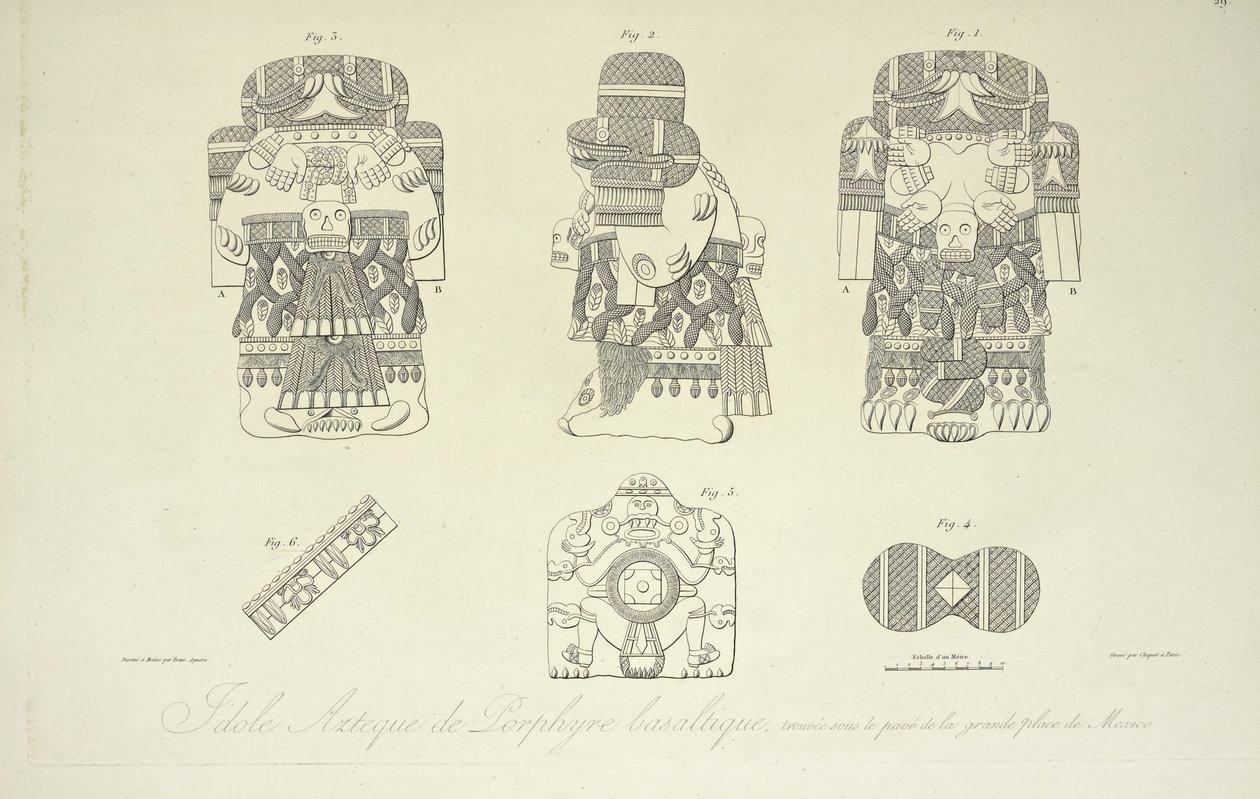 Aztec Idol of Basaltic Porphyry ، تم العثور عليه تحت Grand Plaza of Mexico City ، محفور بواسطة Cloquet ، رسم توضيحي من `` مناظر كورديليراس وآثار الشعوب الأصلية في أمريكا '' بقلم ألكسندر فون هومبولت وأيم بونبلاند بواسطة فرانسيسكو أغيرا بوستامانتي
