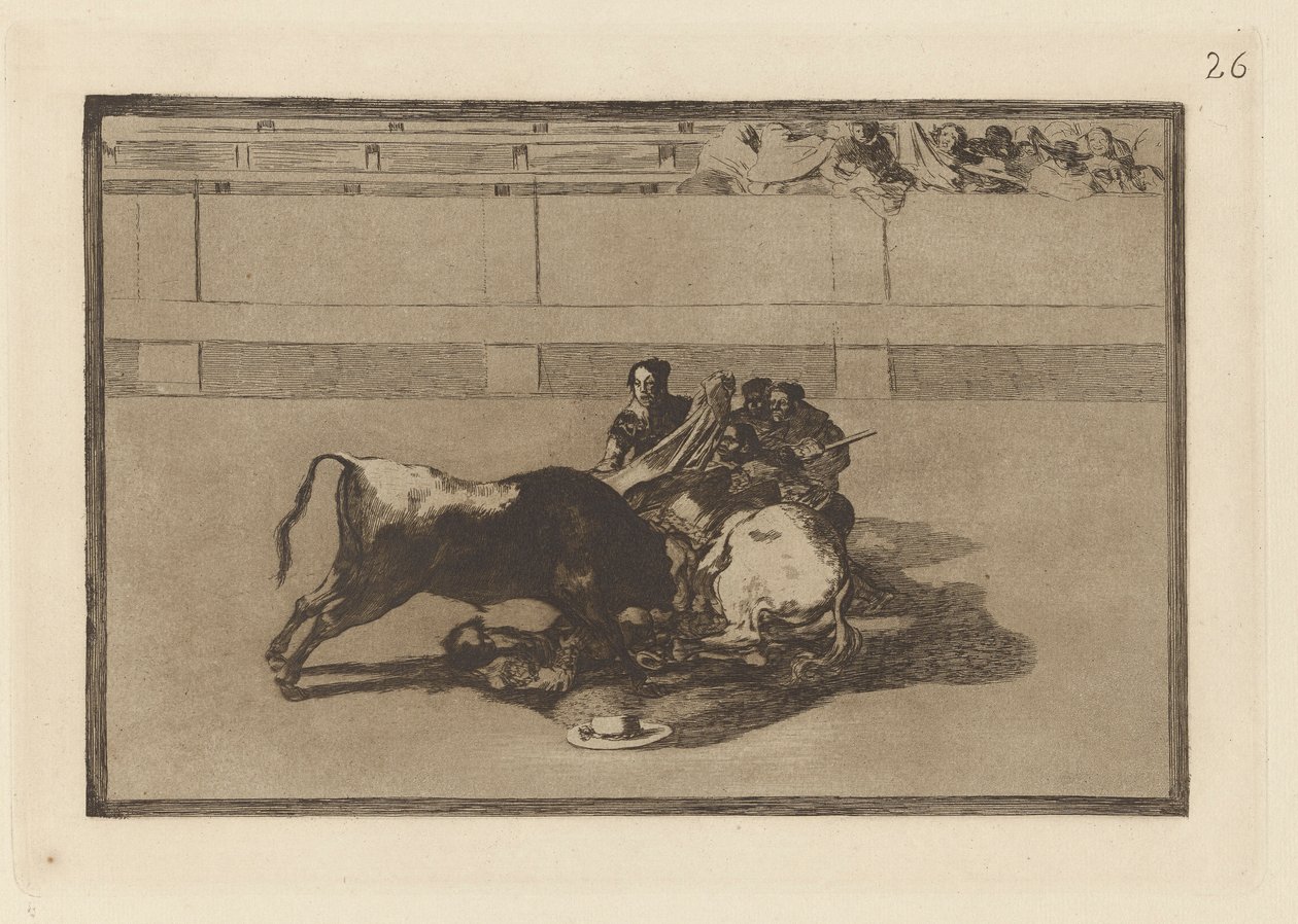 Caida de un picador de su caballo bajo del toro (A Picador هو Unhorsed ويسقط تحت الثور) ، اللوحة 26 من La tauromaquia بواسطة فرانسيسكو دي جويا