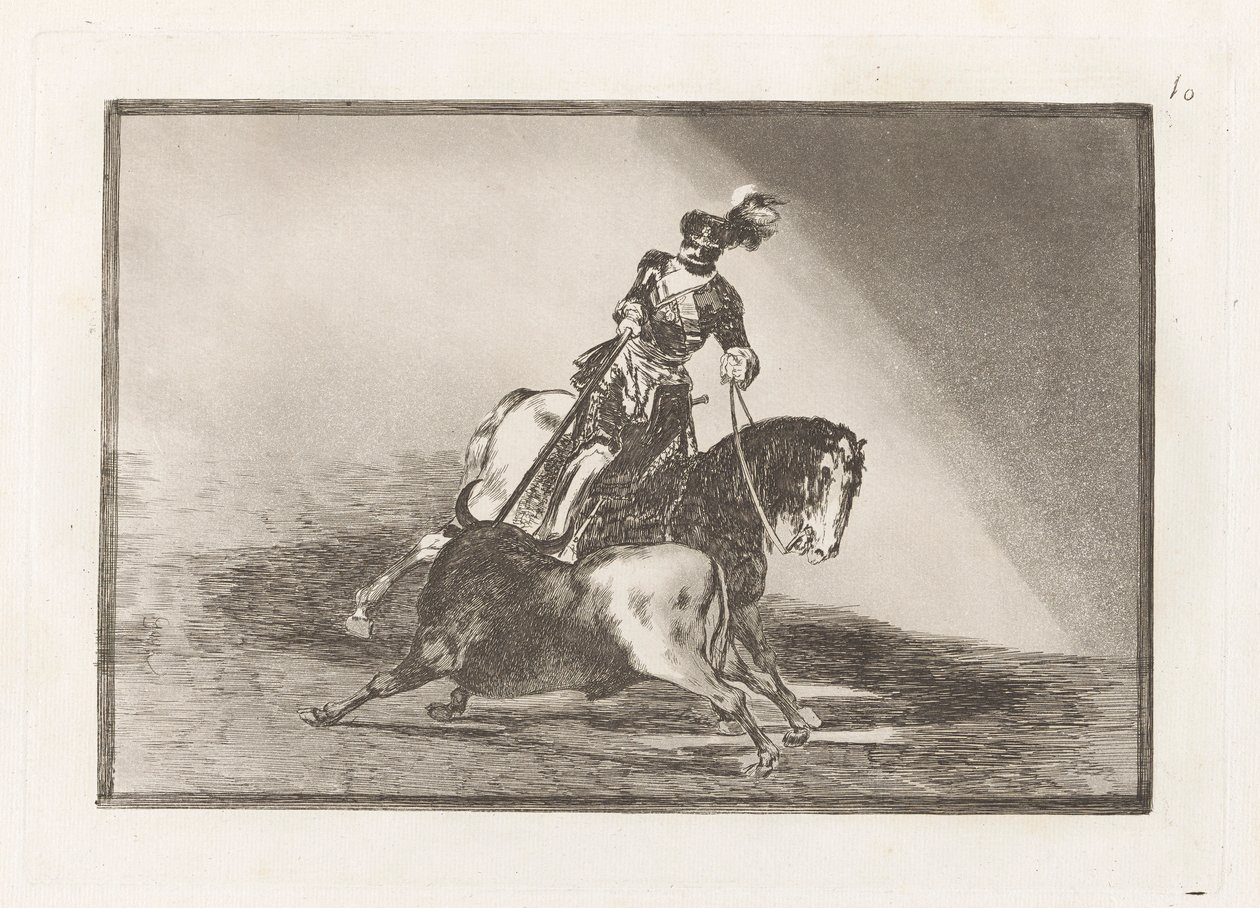 Carlos V. lanceando un toro en la plaza de Valladolid (Charles V Spearing a Bull in the Ring at Valladolid) ، اللوحة 10 من La tauromaquia بواسطة فرانسيسكو دي جويا
