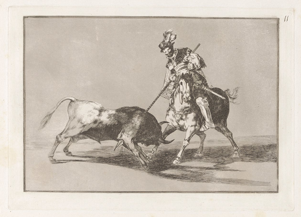 El Cid Campeador lanceando otro toro (The Cid Campeador Spearing ثور آخر) ، اللوحة 11 من La tauromaquia بواسطة فرانسيسكو دي جويا