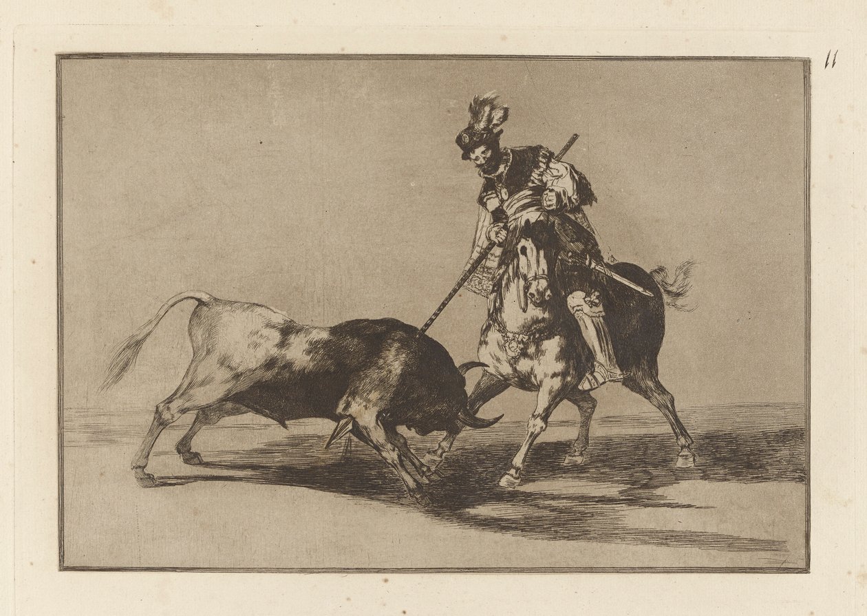 El Cid Campeador lanceando otro toro (The Cid Campeador Spearing ثور آخر) ، اللوحة 11 من La tauromaquia بواسطة فرانسيسكو دي جويا