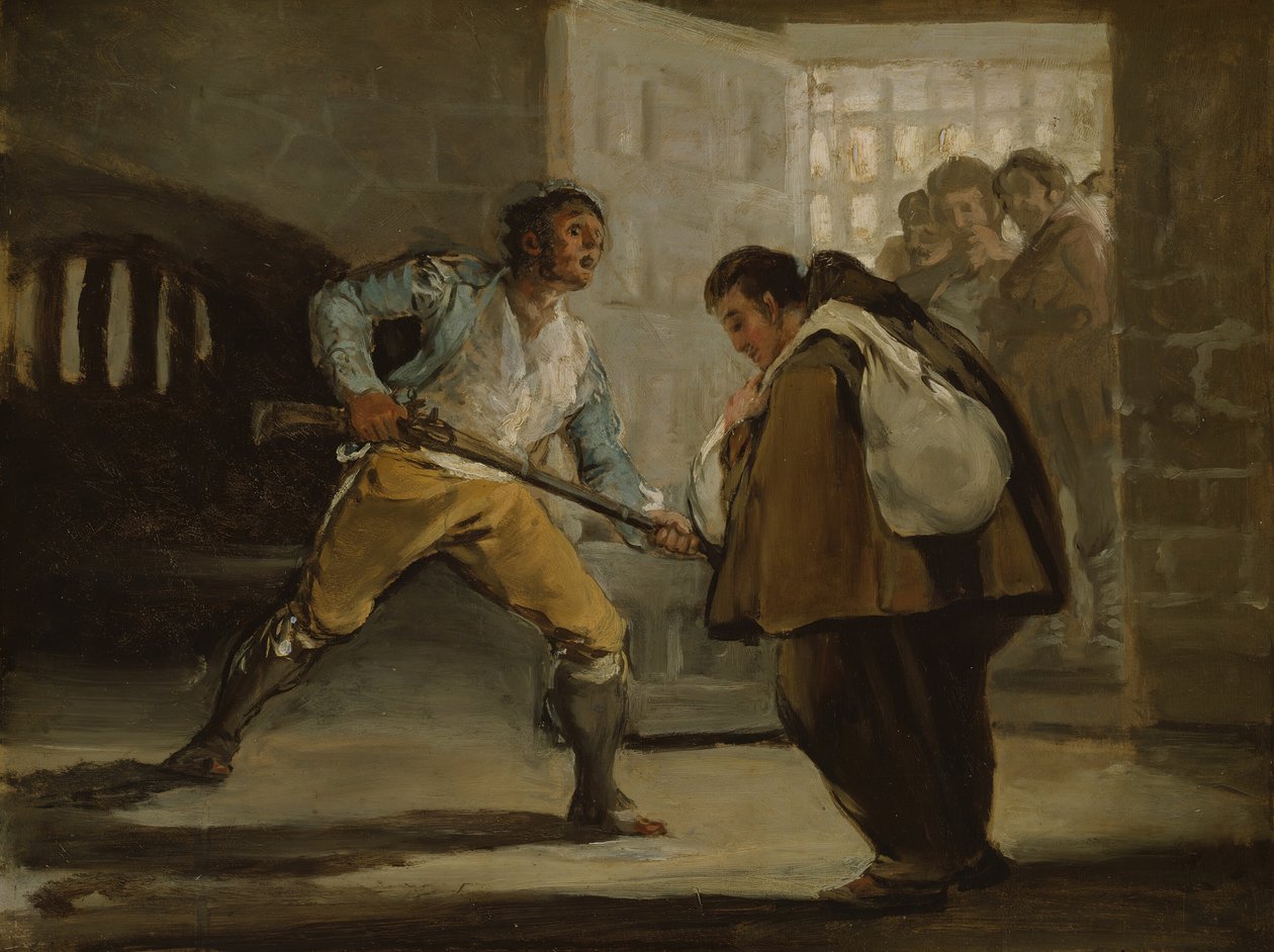 El Maragato يهدد الراهب بيدرو دي زالديفيا بسلاحه ، ج .1806. بواسطة فرانسيسكو دي جويا