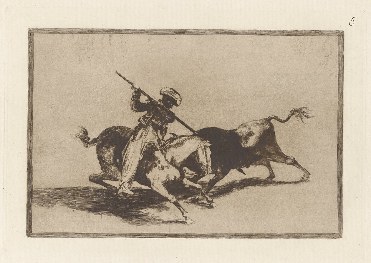 مورو جازول المفعم بالحيوية هو أول من ينطلق؟ الثيران بالترتيب (The Spirited Moor Gazul هو أول من استخدم Spear Bulls وفقًا للقواعد) ، اللوحة 5 من La tauromaquia بواسطة فرانسيسكو دي جويا