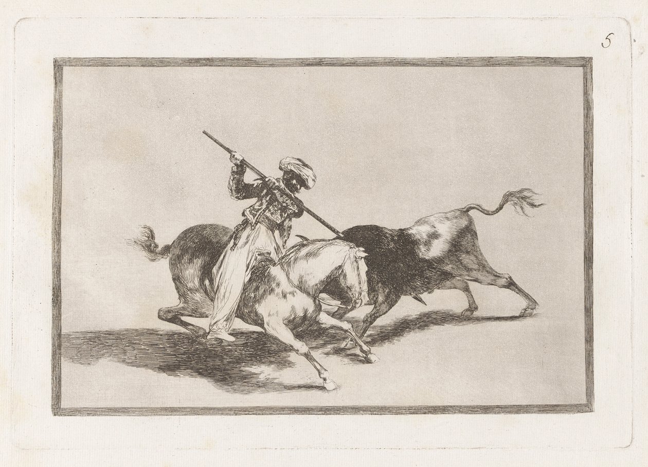 المور غازول المفعم بالحيوية هو أول من أطلق؟ toros en regla (The Spirited Moor Gazul هو أول من سبير بولز وفقًا للقواعد) ، اللوحة 5 من La tauromaquia بواسطة فرانسيسكو دي جويا