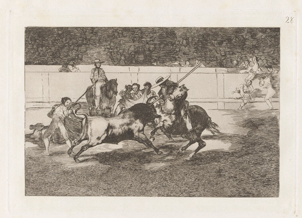 ريندون المجتهد يقطع ثورًا ، من حظه مات؟ en la plaza de Madrid (The Forceful Rendon Stabs a Bull with the Pique ، الذي توفي منه في حلبة مدريد) ، اللوحة 28 من La tauromaquia بواسطة فرانسيسكو دي جويا