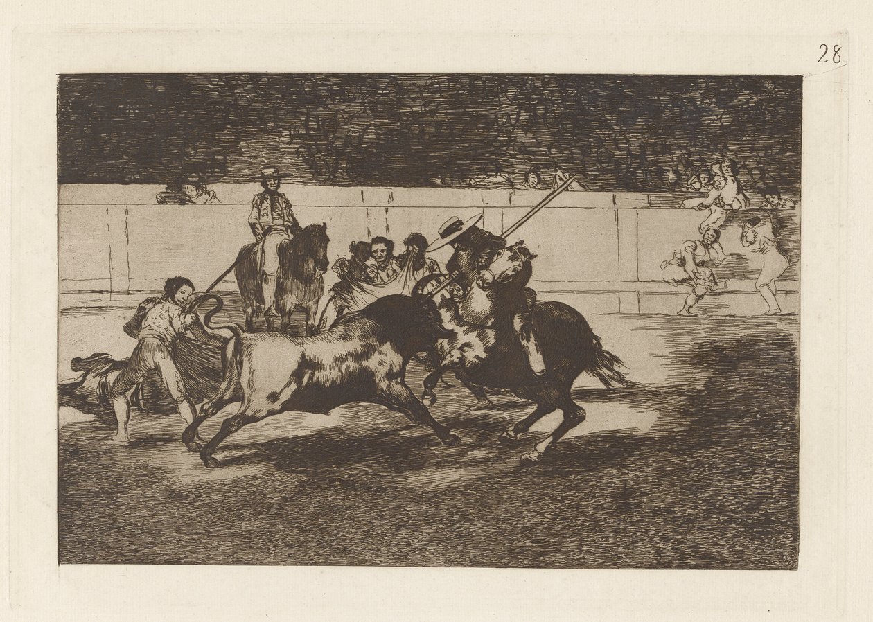 ريندون المجتهد يقطع ثورًا ، من حظه مات؟ en la plaza de Madrid (The Forceful Rendon Stabs a Bull with the Pique ، الذي توفي منه في حلبة مدريد) ، اللوحة 28 من La tauromaquia بواسطة فرانسيسكو دي جويا