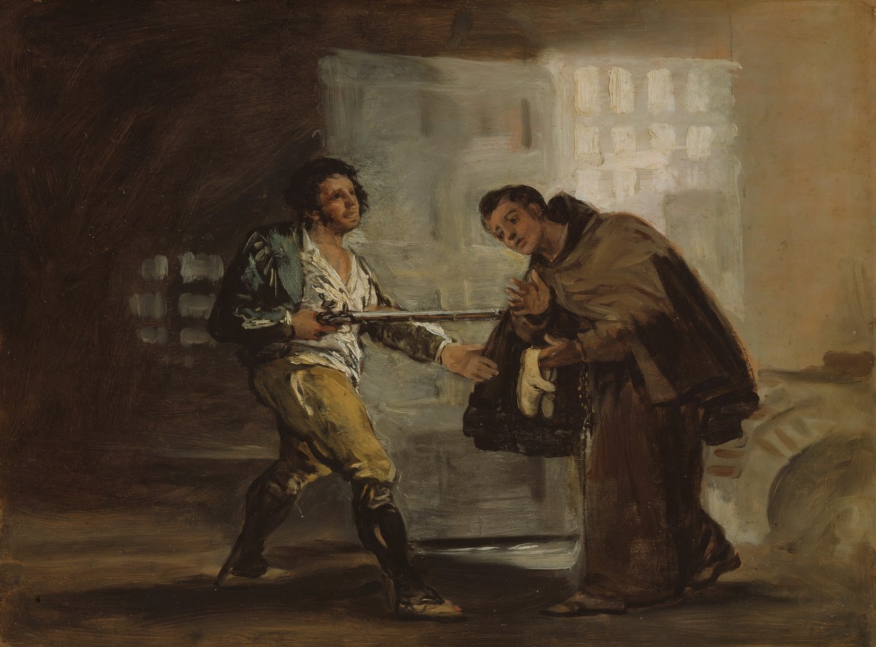 يقدم Friar Pedro الأحذية إلى El Maragato ويستعد لدفع بندقيته جانبًا ، ج. 1806. بواسطة فرانسيسكو دي جويا