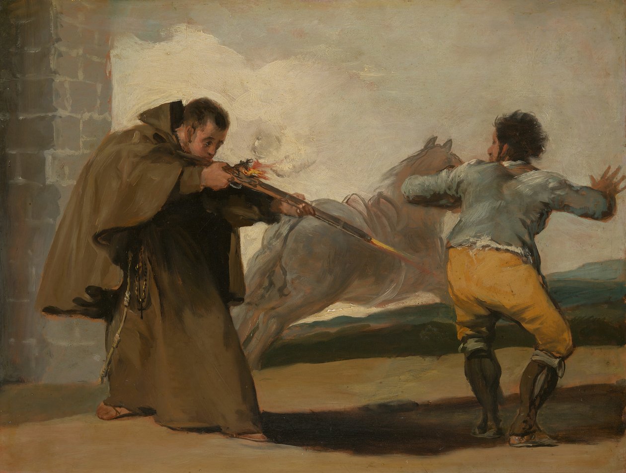 الراهب بيدرو يطلق النار على El Maragato بينما يهرب حصانه ، c. 1806. بواسطة فرانسيسكو دي جويا