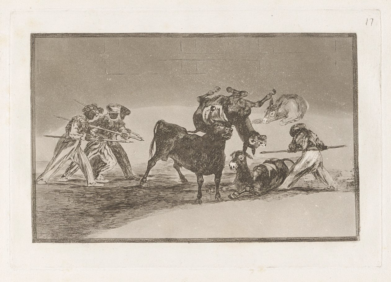Palenque de los moros hecho con burros para defenseerse del toro embolado (يستخدم المورون الحمير كحاجز للدفاع عن أنفسهم ضد الثور الذي تم توجيه قرونه بالكرات) ، اللوحة 17 من La tauromaquia بواسطة فرانسيسكو دي جويا