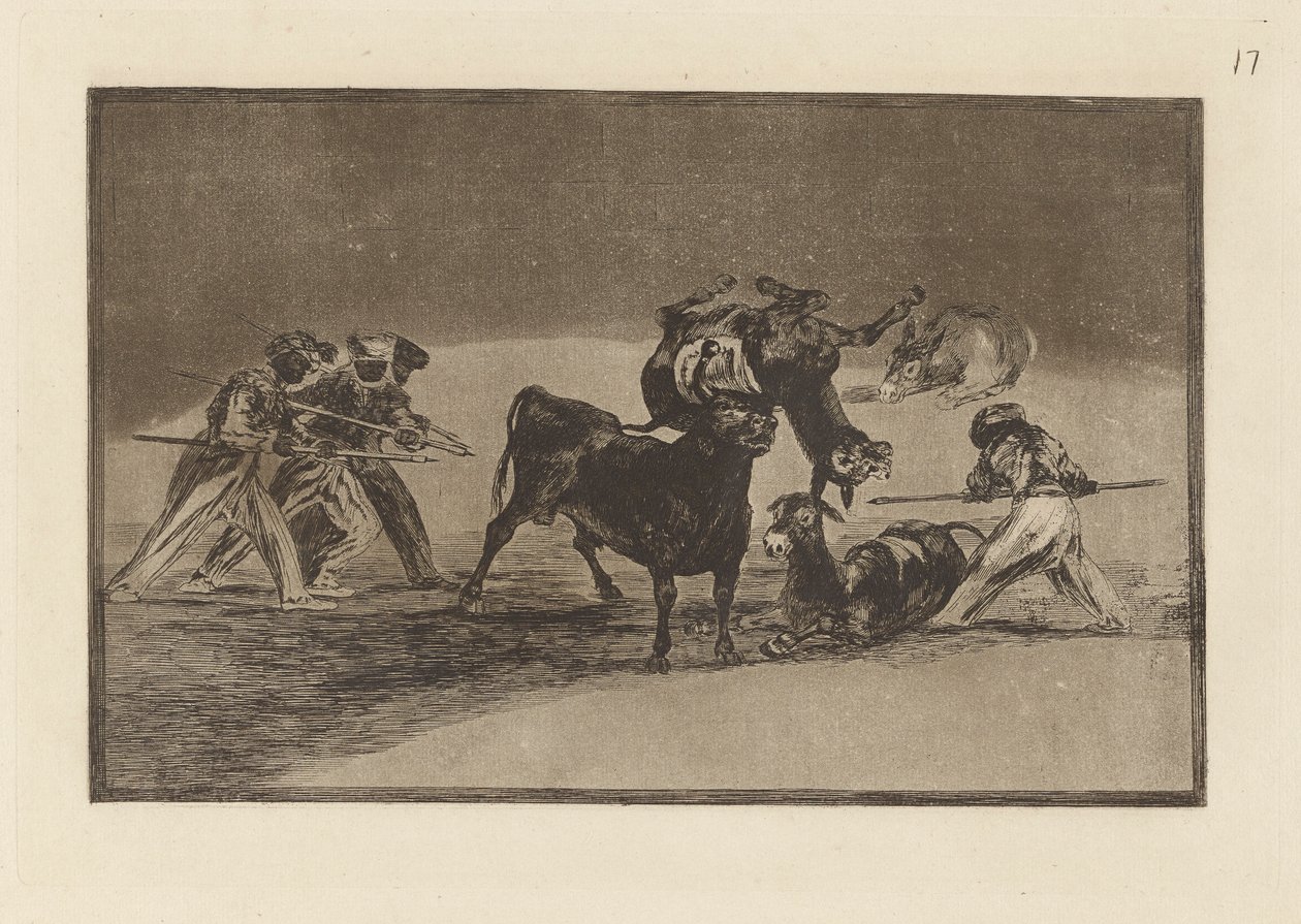 Palenque de los moros hecho con burros para defenseerse del toro embolado (يستخدم المورون الحمير كحاجز للدفاع عن أنفسهم ضد الثور الذي تم توجيه قرونه بالكرات) ، اللوحة 17 من La tauromaquia بواسطة فرانسيسكو دي جويا