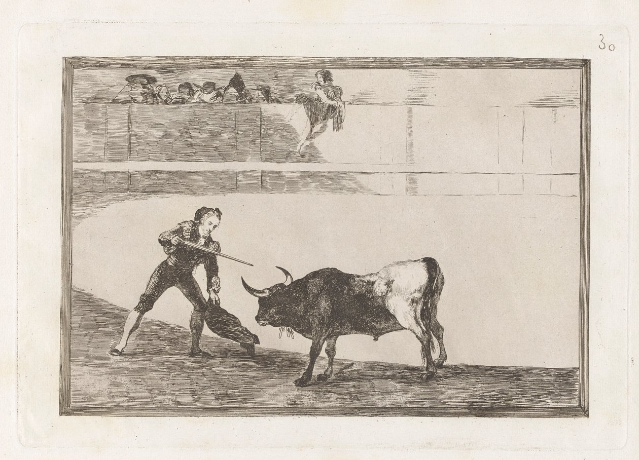 قتل بيدرو روميرو؟ الثور الواقف (بيدرو روميرو يقتل الثور المتوقف) ، اللوحة 30 من La tauromaquia بواسطة فرانسيسكو دي جويا