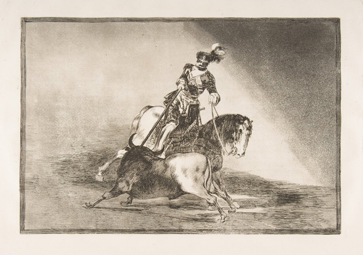 اللوحة 10 من La Tauromaquia: تشارلز الخامس يقذف ثورًا في الحلقة في بلد الوليد ، 1816. بواسطة فرانسيسكو دي جويا